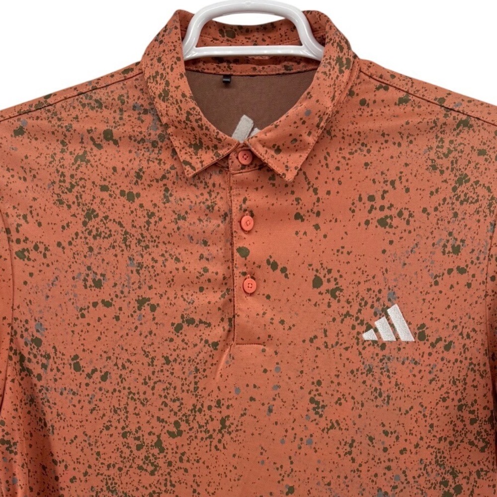 Adidas Mens Golf Polo Shirt Orange Splatter Print L PGA Tour Issue Andrew Novak
